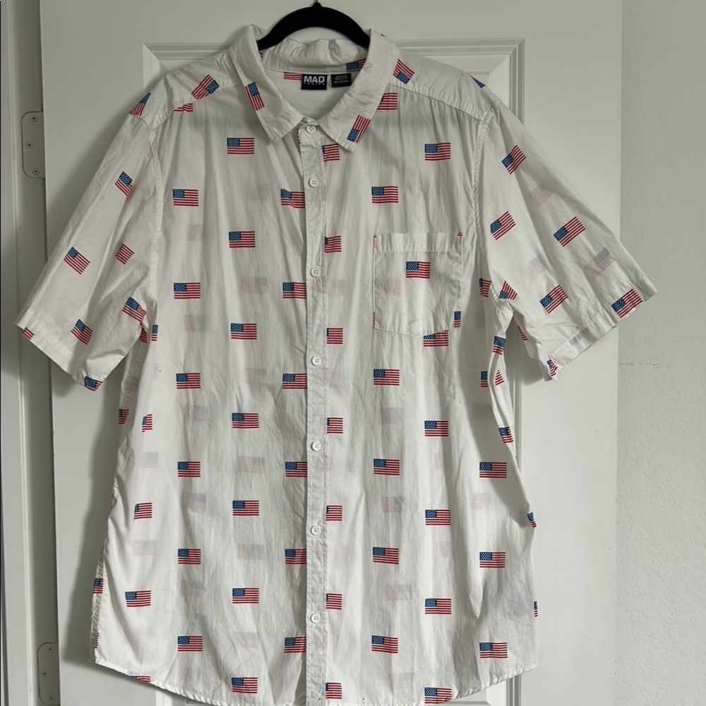 MAD Engine White and Red Casual Button Down Shirt with American Flags